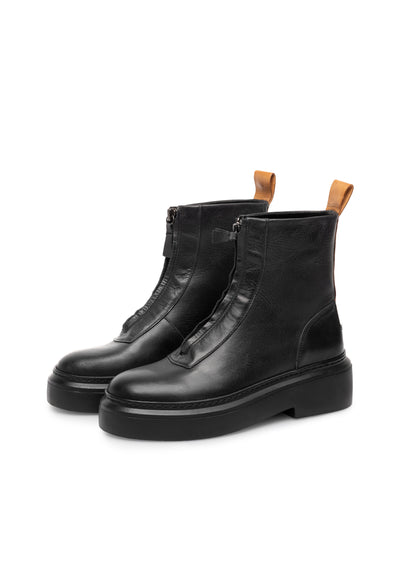 CASHOTT CASKAMMA Front Zipper Boot Leather Vegetable Tanned Ankle Boots Black