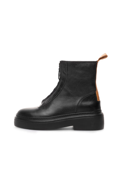 CASHOTT CASKAMMA Front Zipper Boot Leather Vegetable Tanned Ankle Boots Black