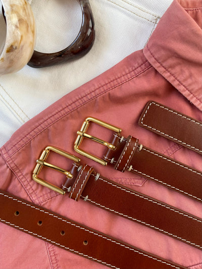 CASHOTT CASLILY Belt W. Stitch Leather Belt Cognac