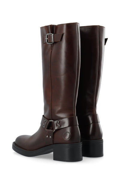 CASHOTT CASRIKKE Tall Biker Boot Pull Up Leather Knee-high Coffee